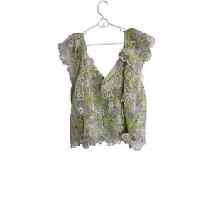 Anthropologie Top Womens 2X White Sheer Floral Lace Ruffle Cami Boho Embroidered